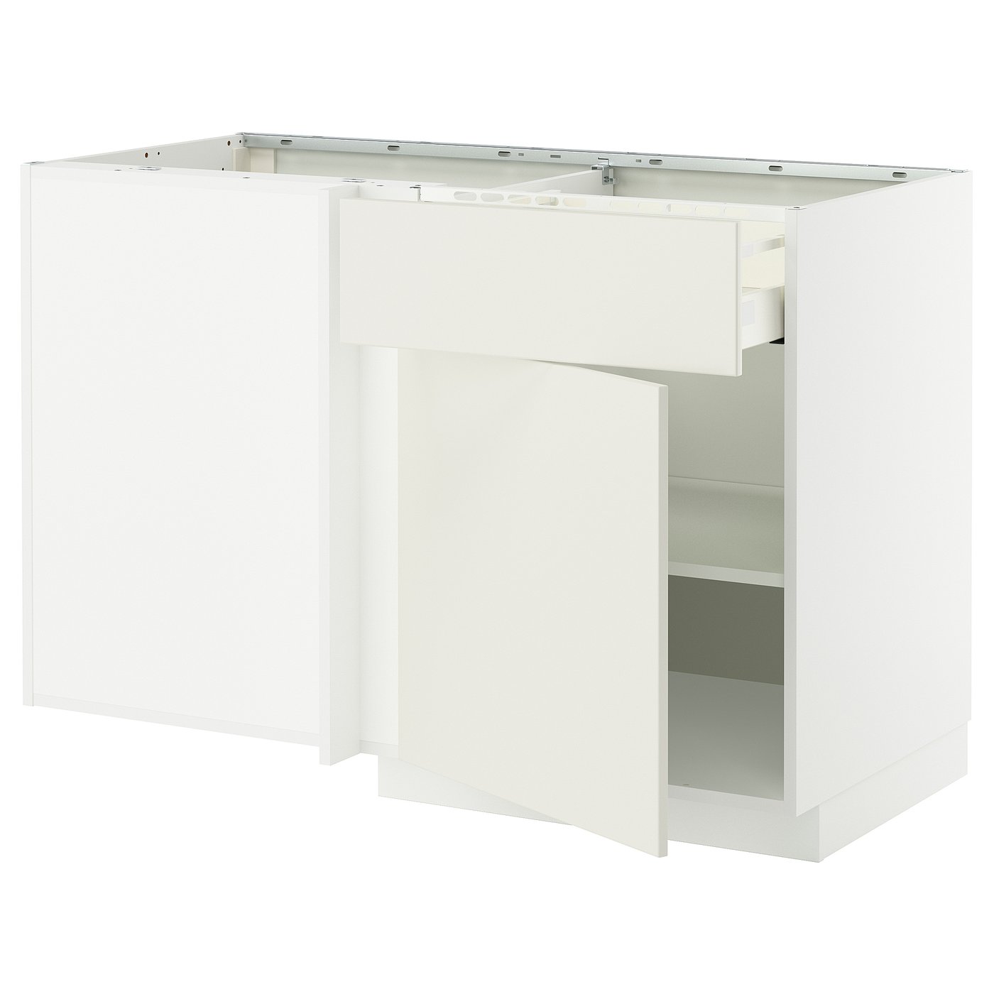 Møbelmontering METOD / MAXIMERA Hjørneunderskab m skuffe og hylde, hvid/Veddinge hvid, 128×68 cm