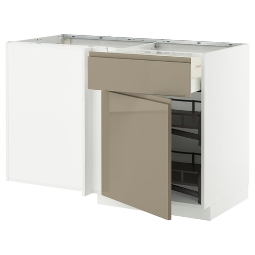 METOD køkkenenhed i hvid og mørk gråbrun. Halvåben med udtrækshylde. Moderne, rektangulært design med metalliske håndtag.