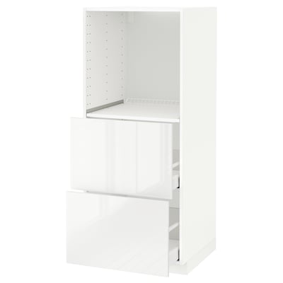 Et hvidt højglans METOD køkkenskab med en enkelt udtræksskuffe og en åben hylde. Moderne, slankt design, primært brugt til opbevaring.