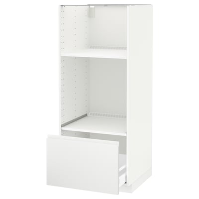 Et hvidt METOD køkkenskab med en åben skuffe, moderne og minimalistisk design.
