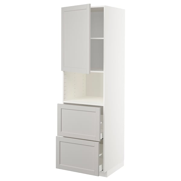 Ikeas METOD hvidt køkkenskab med gråt traditionelt design med skuffer og hylder.