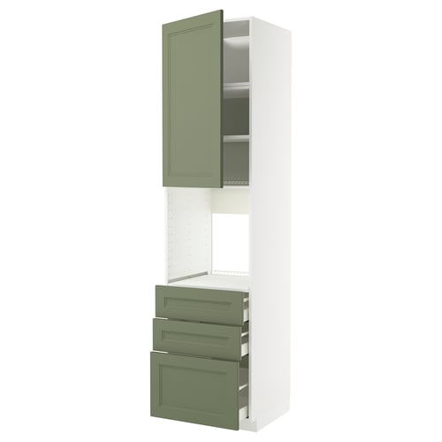 METOD køkkenenhed i grågrøn med højskab og skuffer, moderne traditionelt design.