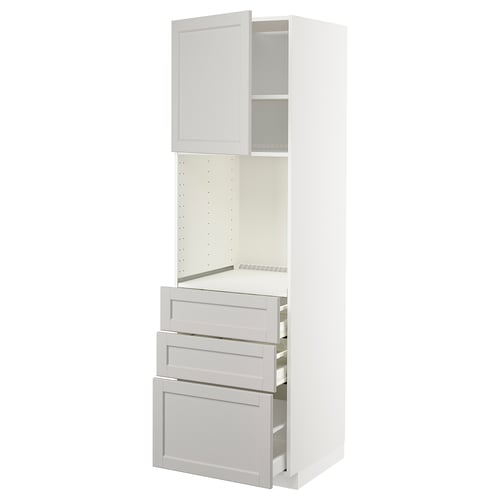 Hvidt METOD køkkenskab med skrå grå skuffer og låger, tre skuffer og en låge, moderne design.