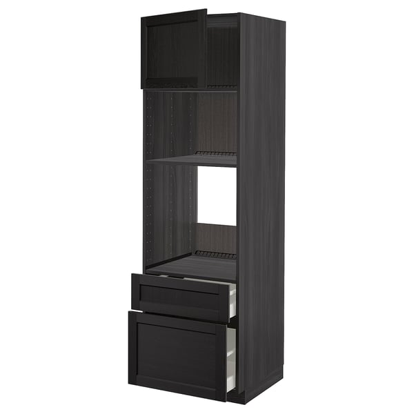 Sort METOD køkkenenhed med hylder og skuffer, massivt træ, moderne design.