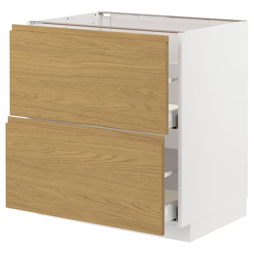 Moderne køkkenenhed: hvide og egetræsskuffer, rektangulær form, minimalistisk design.