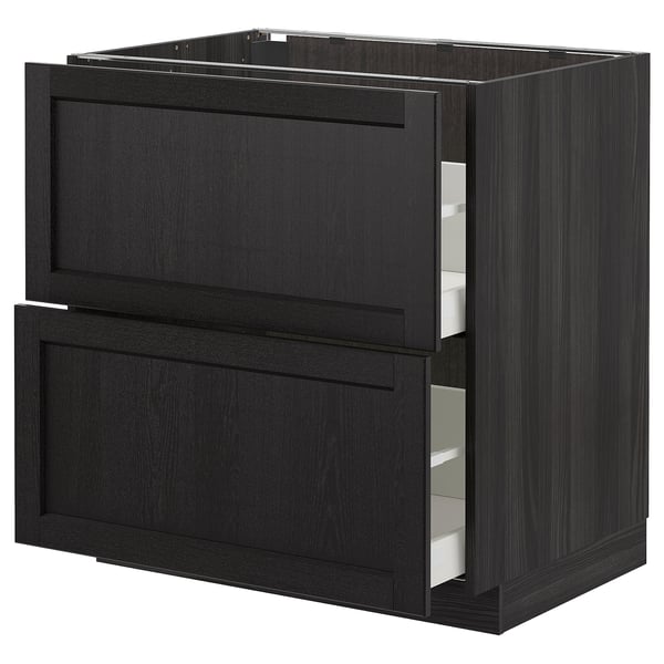 Sortbejdset træ køkkenskab med to åbne skuffer, en del af METOD-serien, moderne og traditionelt design.
