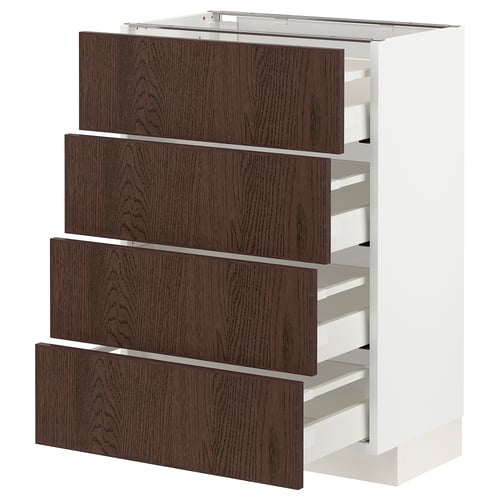 METOD køkkenelement, hvid bund, mørkebrune træskuffer, slankt design, fire skuffer.