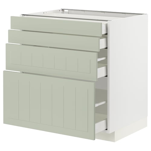 Et grønt METOD køkkenskab med flere skuffer, med et slankt og moderne design.