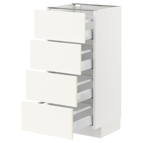 En hvid ikea METOD køkkenenhed med fire udtræksskuffer, pænt organiseret og moderne design.