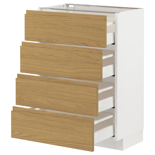 Moderne hvid køkkenenhed med fire træskuffer, slankt og minimalistisk design.