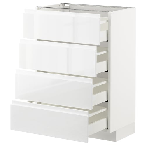 METOD køkkenenhed, hvid, fire skuffer, moderne, blank, lodret form, integrerede greb.