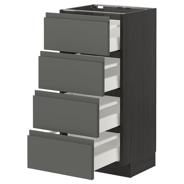 En moderne mørkegrå ikea METOD køkkenenhed med fire skuffer. Enheden slanke, integrerede greb og et robust design, perfekt til køkkenopbevaring.