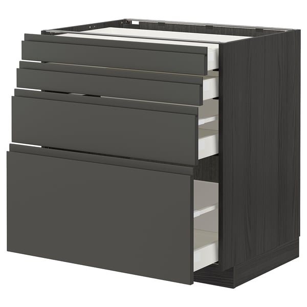 Moderne mørkegrå køkkenenhed med flere glatte skuffer. Firkantet design, robust, slankt look.