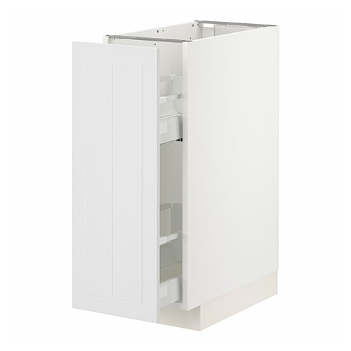 Et hvidt METOD køkkenskab med to låger og indvendige hylder. Det er et moderne, rent design med robust konstruktion.