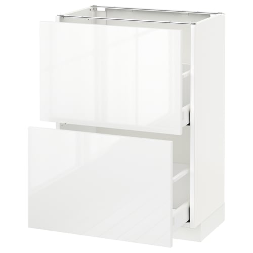 Hvidt moderne køkkenskab, blank finish, rektangulær form.