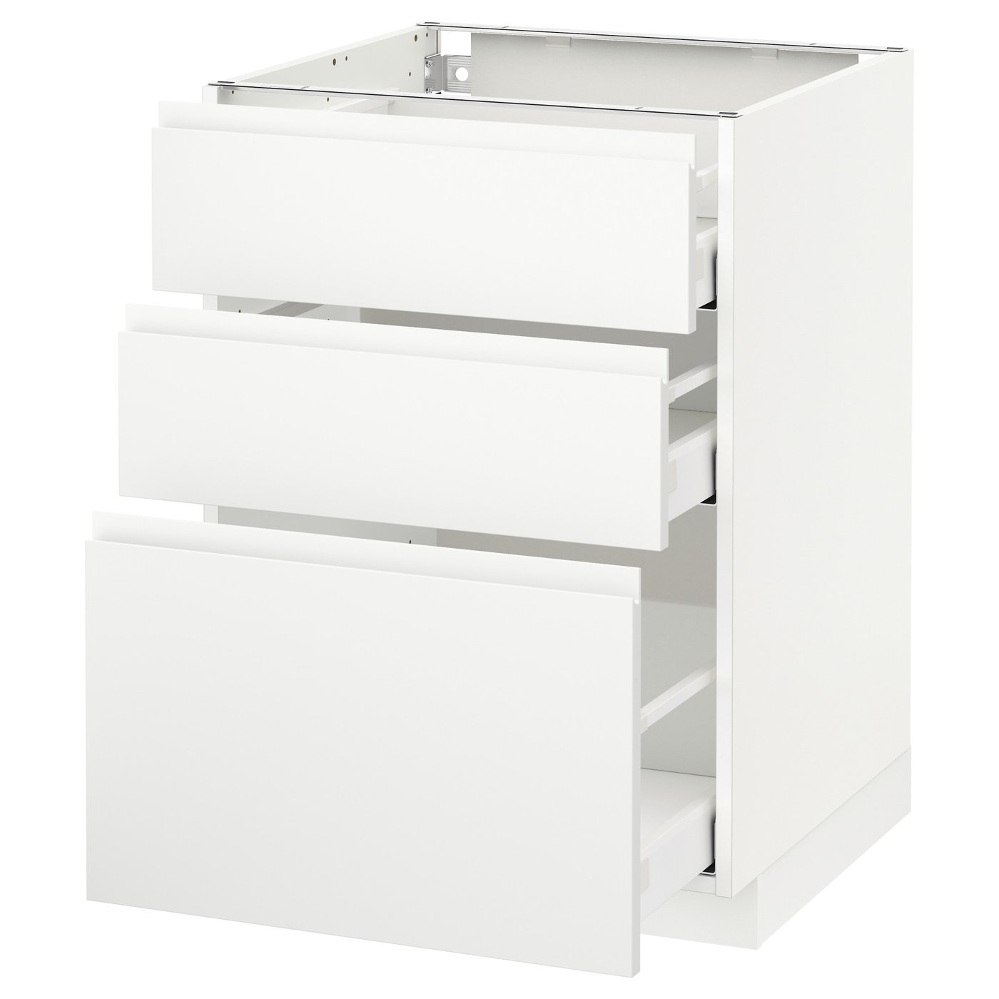 Møbelmontering METOD / MAXIMERA Underskab med 3 skuffer, hvid/Voxtorp mat hvid, 60×60 cm