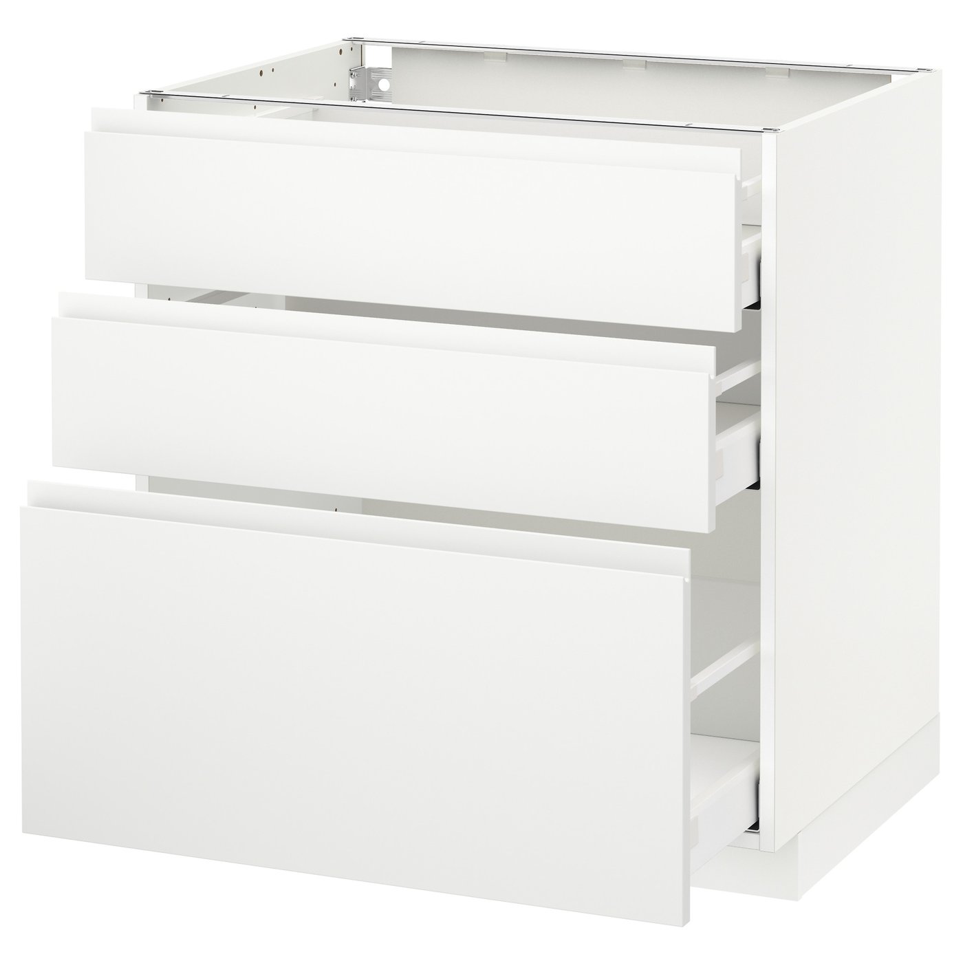 Møbelmontering METOD / MAXIMERA Underskab med 3 skuffer, hvid/Voxtorp mat hvid, 80×60 cm