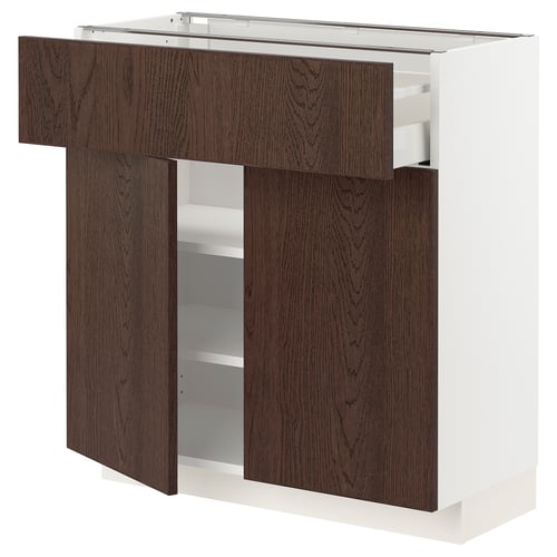 Moderne køkkenenhed, hvid og mørkebrun. Skuffer og hylder, slankt design.