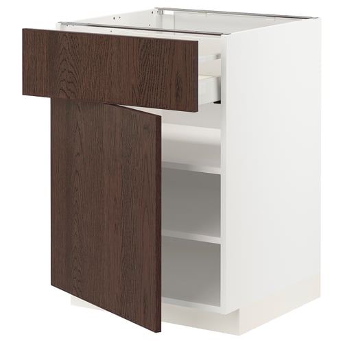 Moderne hvidt skab med mørkebrune skuffer, slankt design, en åben skuffe.