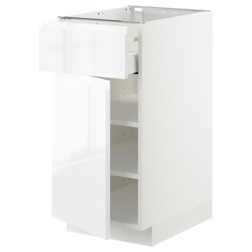 METOD hvidt køkkenskab, blank finish, firkantet form, med åben dør og hylder, slankt moderne design.