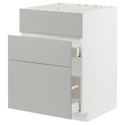 Moderne gråt METOD skab med 3 skuffer og kasseplade, spånplade og fiberplade, stilrent design.