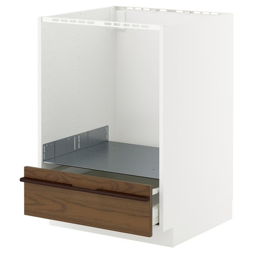 METOD hvidt køkkenskab, mørkebrun skuffe, trægreb, stålinteriør.