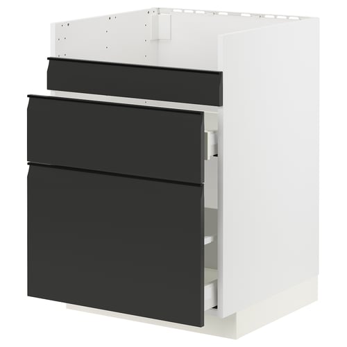 Moderne sort ikea køkkenskab med tre skuffer. Slank mat finish, minimalistiske håndtag. Hvid indvendig ramme. 3D-visning.