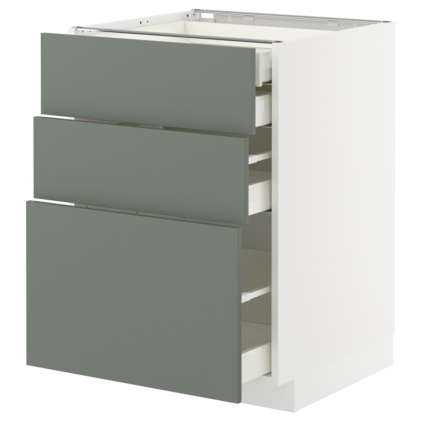 Møbelmontering METOD / MAXIMERA Unska 3 fron/2 lav/1 mel/1 høj skuf, hvid/Nickebo mat grå-grøn, 60×60 cm | Billig & Hurtig i København