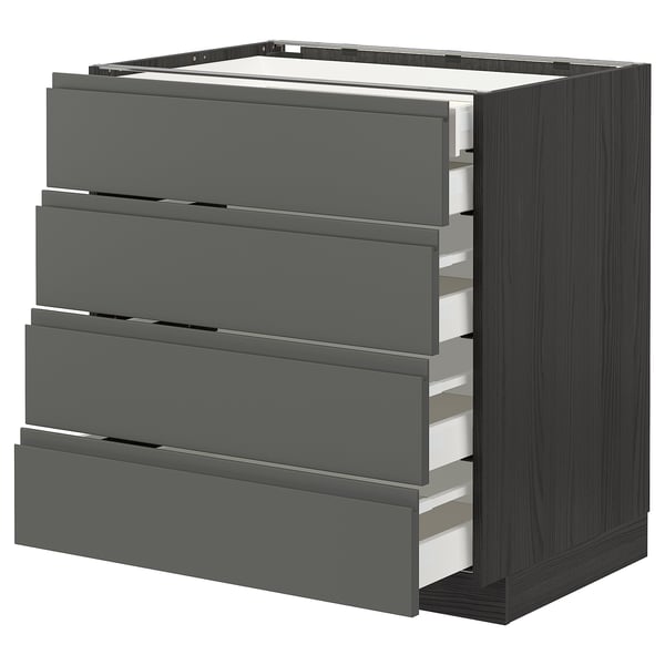 Moderne mørkegråt køkkenskab med fire skuffer. Slankt, firkantet design med integrerede håndtag.