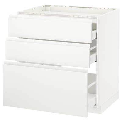 Hvidt moderne køkkenelement med tre skuffer og slankt design.