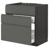 Moderne mørkegråt køkkenskab med tre skuffer. Slanke, flade overflader og minimalistisk design til organiseret opbevaring.