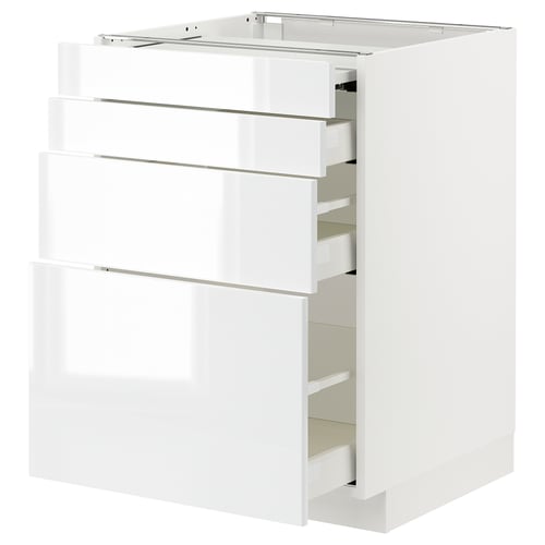 Et hvidt METOD køkkenskab med flere skuffer. Den har et rent, moderne design med en blank finish.