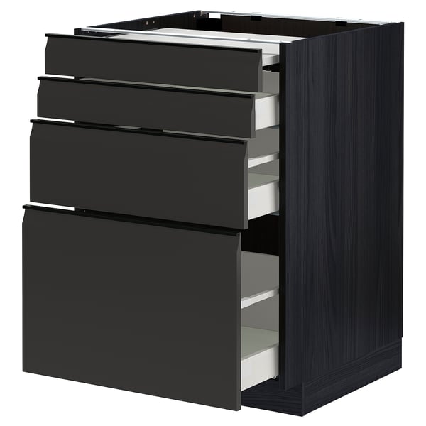 Moderne sort køkkenenhed med fire skuffer og slanke aluminiumsgreb.