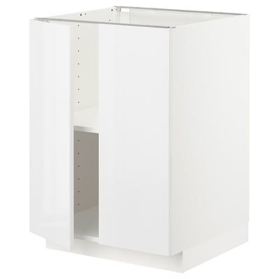 Et hvidt METOD køkkenskab med blank finish, snap-on hængsler og justerbare hylder.
