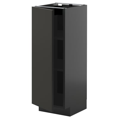 Sort, moderne køkkenskab med slankt, minimalistisk design.