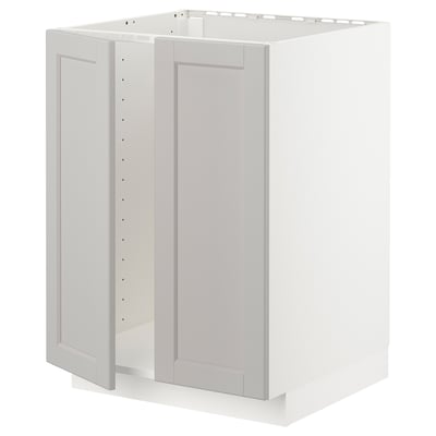 Dette billede viser et ikea METOD køkkenskab i lysegrå med skrå kanter, indrammet design og lavet af birk og spånplader.