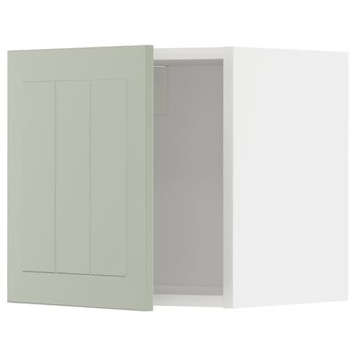 Viser et METOD køkkenskab med en stensundsgrøn låge, med et rektangulært design med et 3d-panellook og moderne rene linjer.