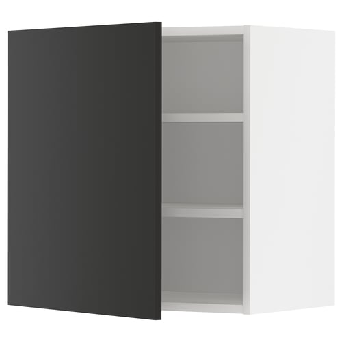 Sort/hvidt køkkenskab med åbne hylder, moderne design.