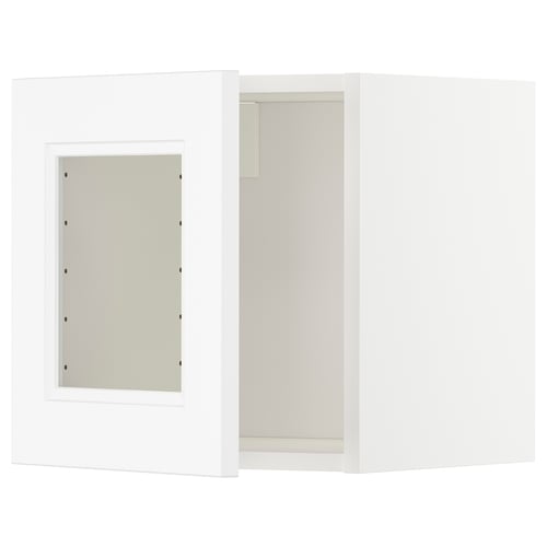METOD hvidt vægskab med glaslåge, moderne enkelhed, robust ramme, hærdet glasfront.