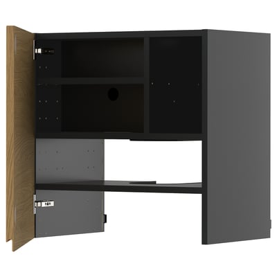 Moderne METOD skab i grå og egetræ, minimalistisk design, to åbne hylder og skuffe, metalliske greb, minimalistiske rene linjer.