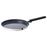 Midagsmat blå non-stick pandekagepande med sort håndtag, bund i rustfrit stål, skrå sider for nem vending.