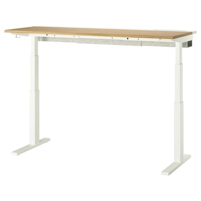 MITTZON hæve-/sænkebord, egetræsbord, hvide ben, justerbar højde, moderne minimalistisk design.