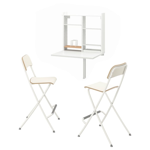 Minimalistisk hvidt sammenklappeligt spisebordssæt med opbevaringsmøbel og 2 stole.