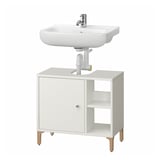 Dette billede viser et hvidt ikea NORSÄLVEN badeværelsesskab med en keramisk vask og kromhane.