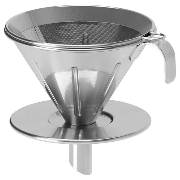 Sølvmetal kaffefilter, konisk form, med håndtag, sidder på cirkulær base. Holdbart og genanvendeligt stål.