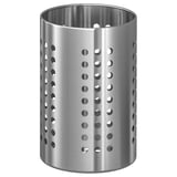 En sølvfarvet ORDNING køkkenredskabsholder lavet af rustfrit stål, med en cylindrisk form med perforeret design.