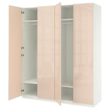 IKEA PAX garderobeskab, beige, blank, rektangulær, tre låger åbne, soft-close hængsler, tomme hylder.