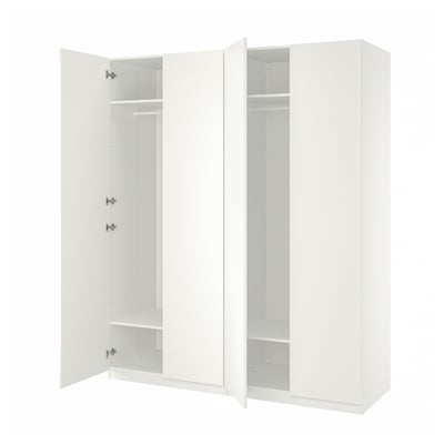 Hvid ikea PAX garderobeskab: 2-dørs åben, viser tomme hylder. Moderne minimalistisk design.
