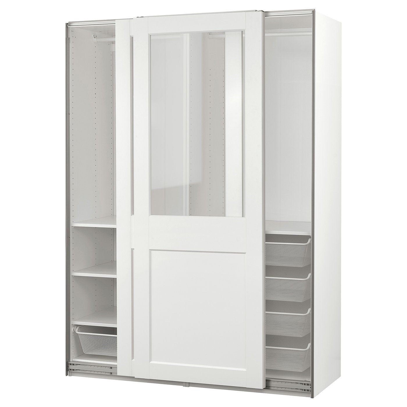 Møbelmontering PAX / GRIMO Garderobe m skydedøre, hvid/klart glas hvid, 150x66x201 cm