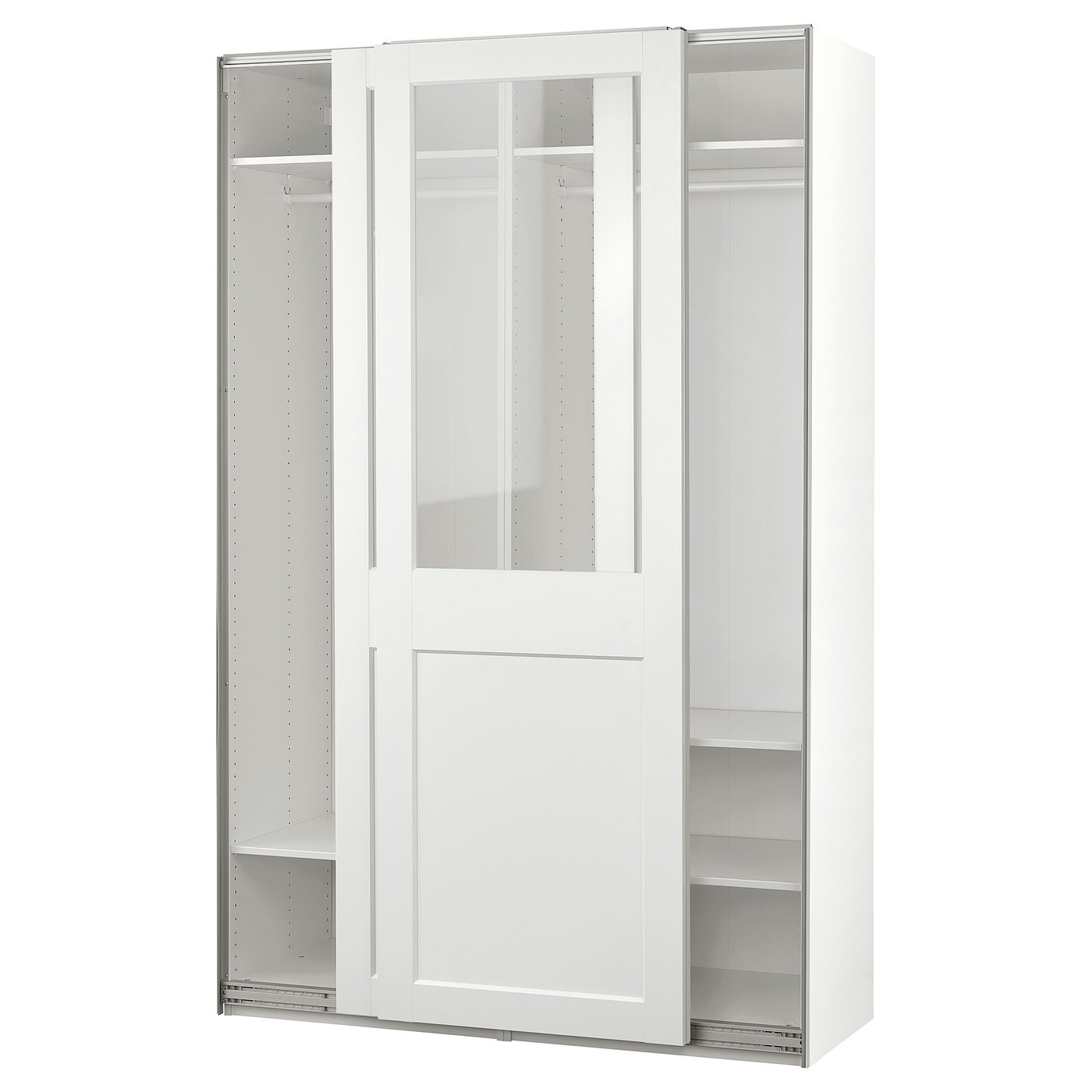 Møbelmontering PAX / GRIMO Garderobe m skydedøre, hvid/klart glas hvid, 150x66x236 cm